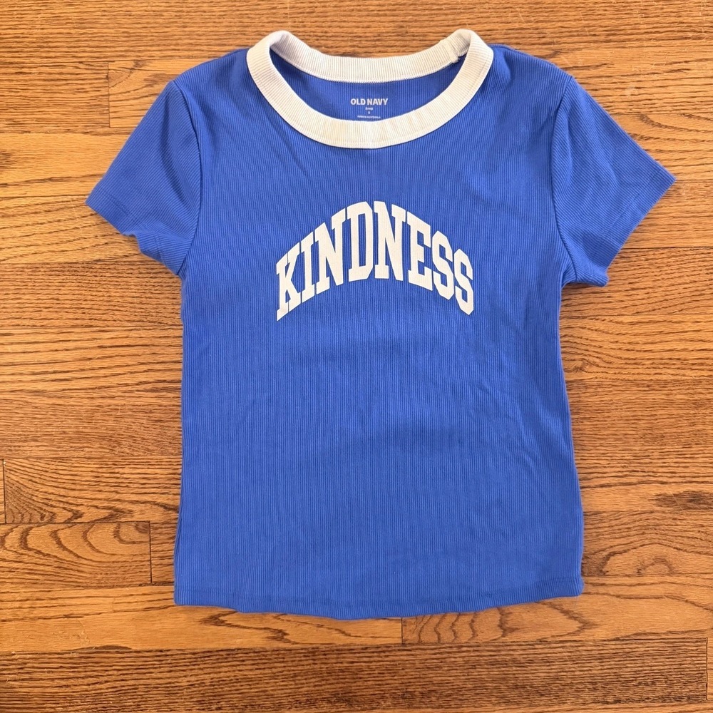 Old Navy T-Shirt Blue Kindness Graphic Ringer Tee Ribbed Sz S Retro Casual Fun